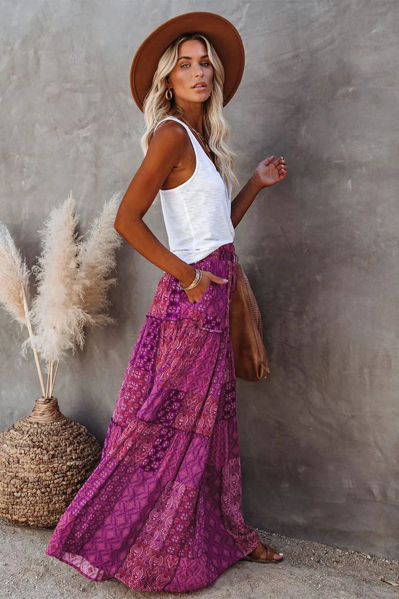 Women's spring floral maxi skirt, high-waisted A-line silhouette, effortlessly chic.