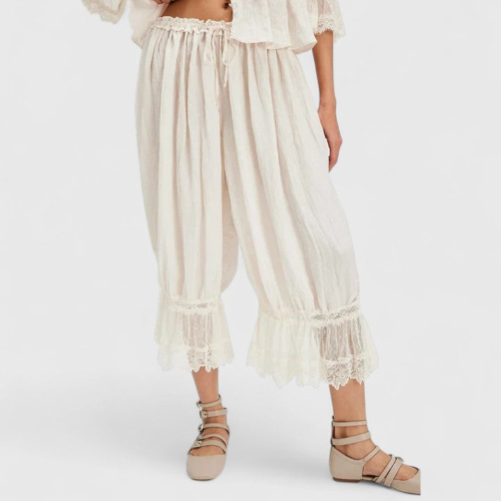 Side profile of women's versatile patchwork pants, perfect for comfortable everyday fashion.