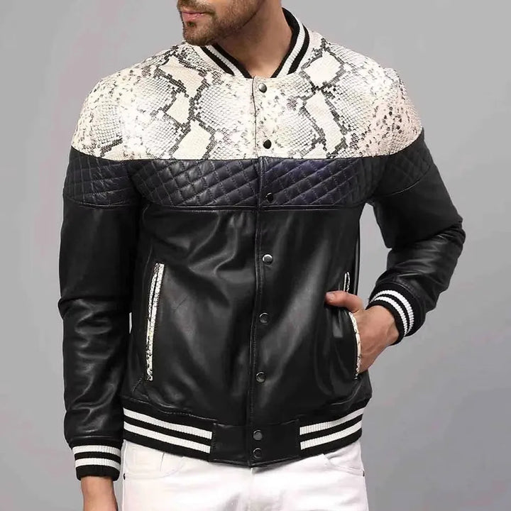 Model in a men's black slim fit stand collar bomber jacket, showcasing stylish and warm winter outerwear.