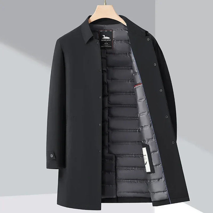 Stylish men's water-repellent trench coat, down-filled. Classic design, warm and perfect for autumn/winter outerwear.