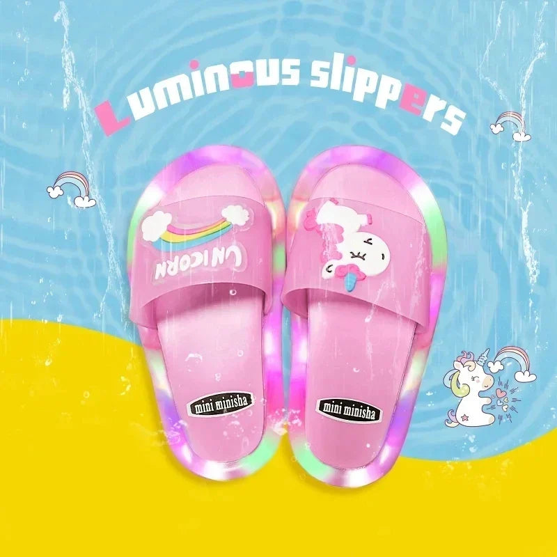 Magical unicorn light-up slippers for children. Plush & playful LED footwear for comfy indoor play or outdoor fun.