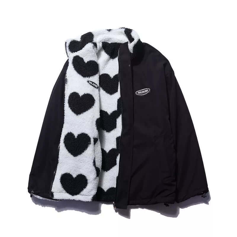 Reversible Heart-Print Coat with Plush Fleece