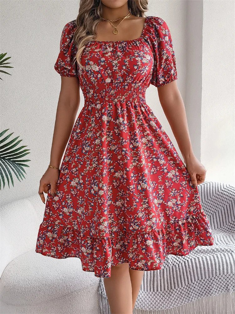 Gorgeous women's floral smocked midi dress, square neck, puff sleeves. A must-have summer dress.
