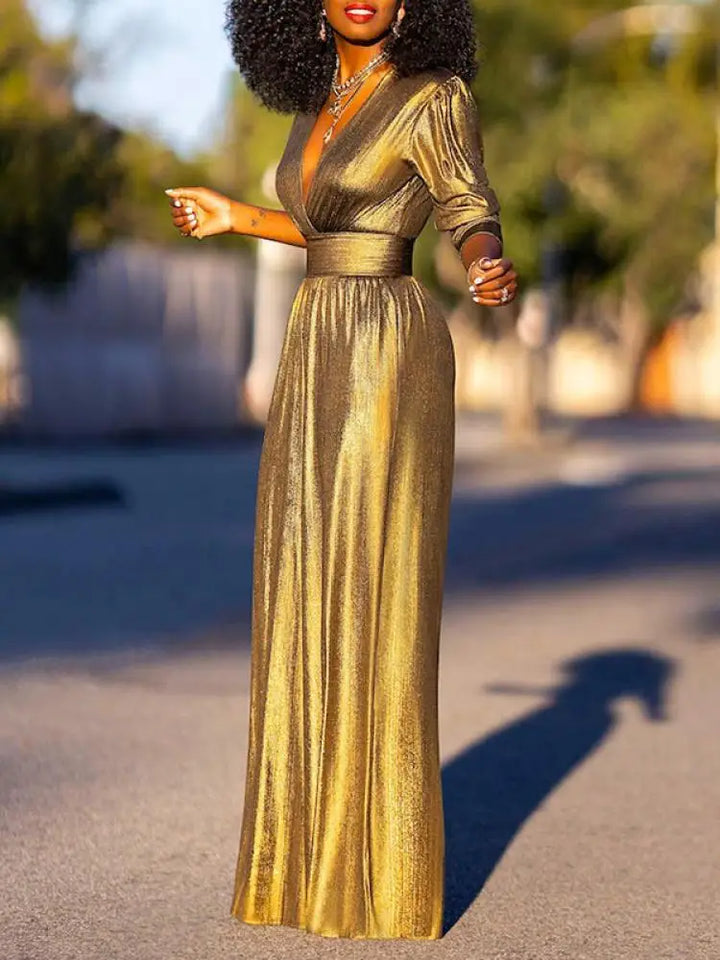 Chic women's shimmering jumpsuit offering versatile, comfortable style. Ideal elegant party or evening outfit.