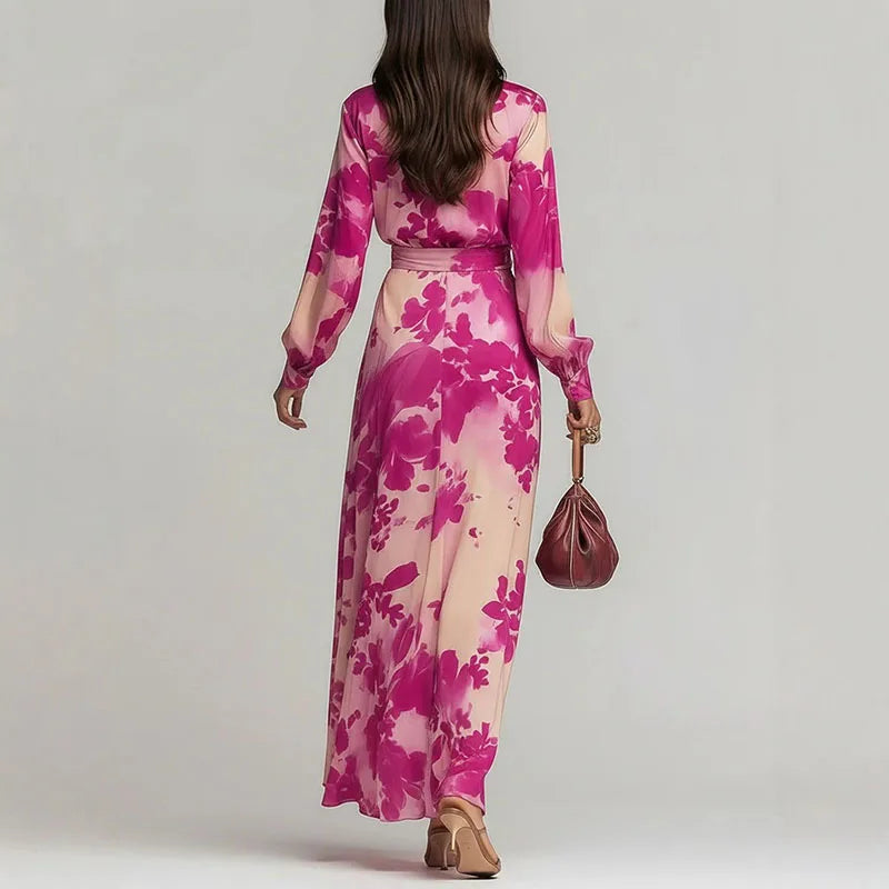 Romantic floral wrap maxi dress for women. A chic, comfortable choice for evening, vacation & spring fashion.