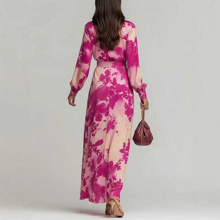 Romantic floral wrap maxi dress for women. A chic, comfortable choice for evening, vacation & spring fashion.