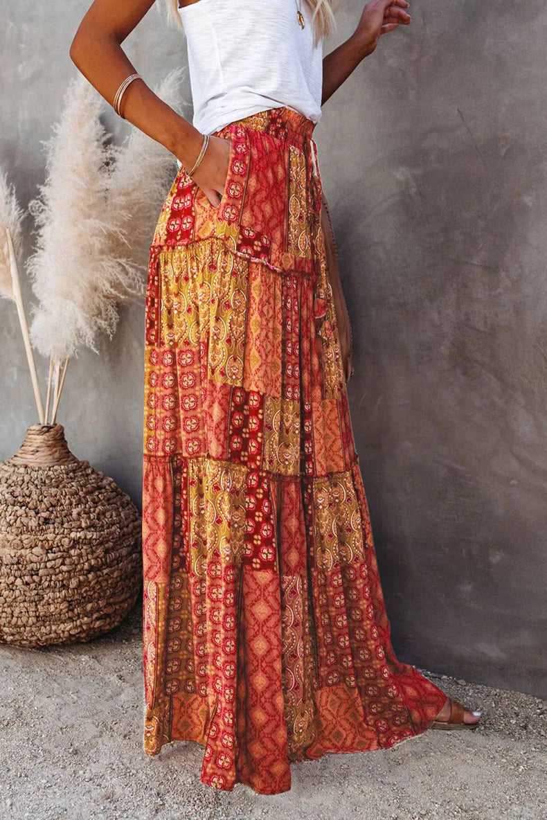 Chic high-waisted A-line maxi skirt, women's floral print, adding elegance to any outfit.