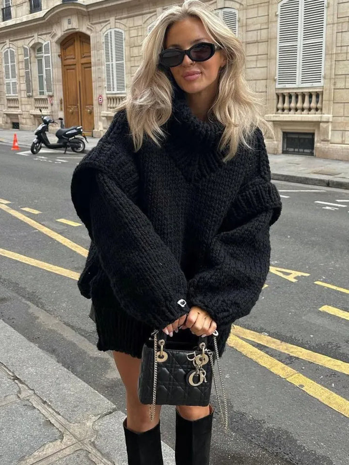 Women's oversized turtleneck sweater dress, cozy knit for fall & winter chic.
