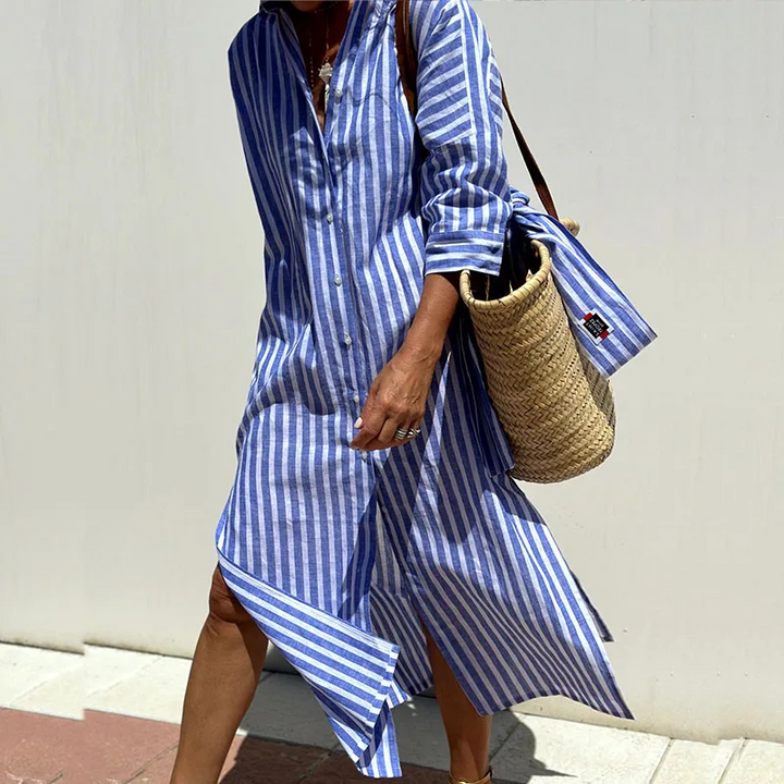 Khaki striped button-down midi shirt dress for women. An elegant and comfortable summer day dress.