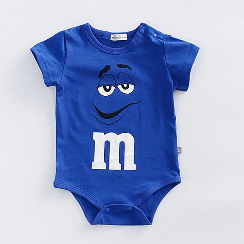 Playful short sleeve baby romper featuring vibrant M&M sweet treat faces. Ideal infant summer clothing.