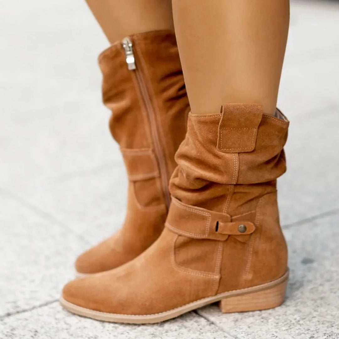 Bella Chix women's flat ankle boots with round toe, block heel, and zipper closure for stylish winter fashion.