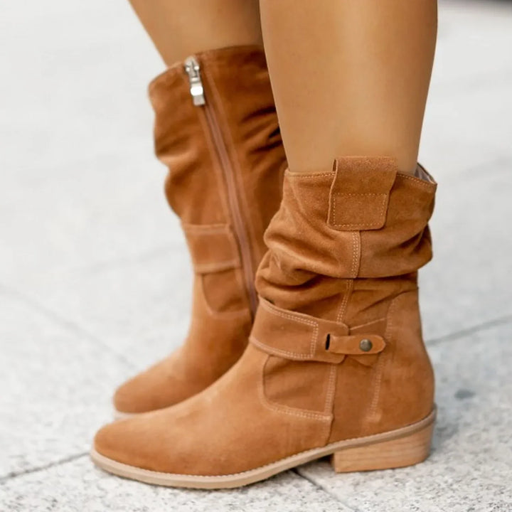 Bella Chix women's flat ankle boots with round toe, block heel, and zipper closure for stylish winter fashion.
