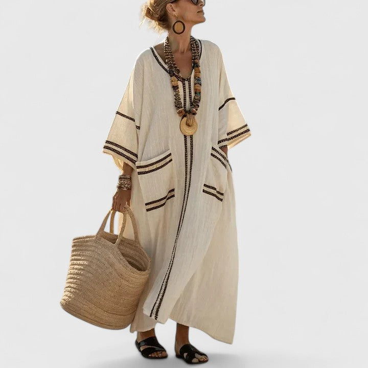 Elegant bohemian maxi dress for women, perfect for summer days, beach, or vacation outfit.