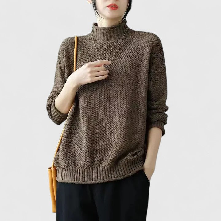 Warm women's textured knit mock neck sweater, ideal for cozy long sleeve fall & winter style & comfort.