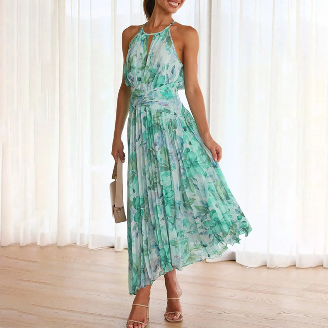 Women's boho floral halterneck maxi dress. Perfect for summer vacation & beachwear, offering a casual yet elegant look.