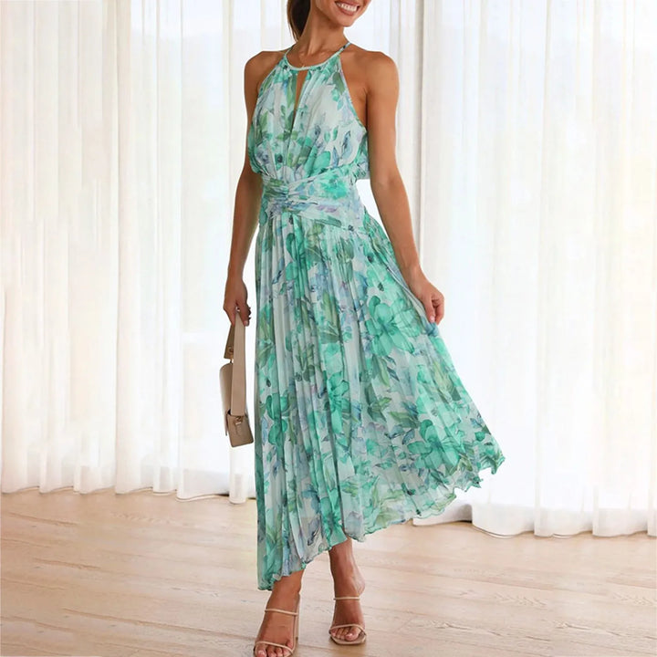 Women's boho floral halterneck maxi dress. Perfect for summer vacation & beachwear, offering a casual yet elegant look.