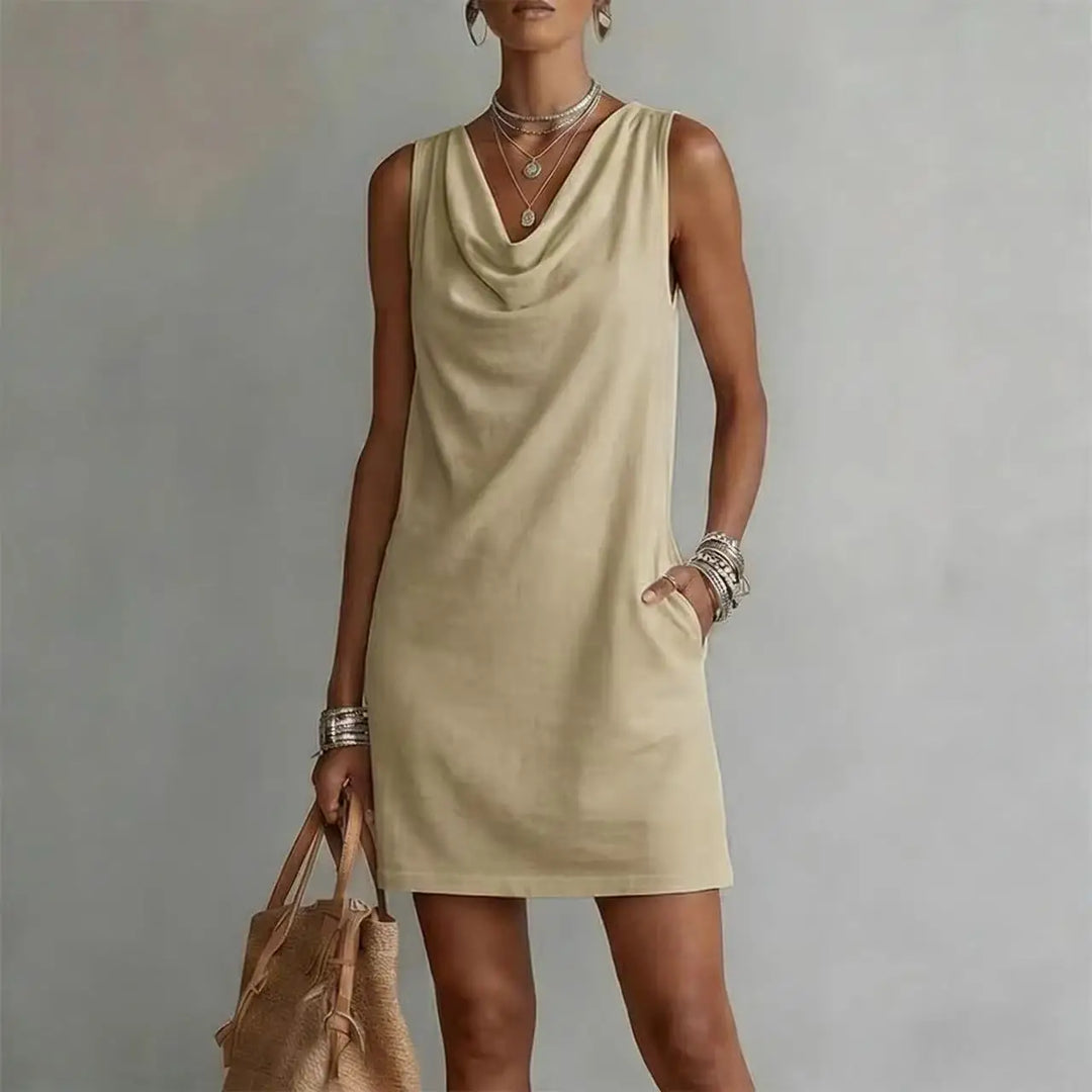 Women's summer mini dress, A-line cut with a stylish cowl neck and sleeveless design, ideal for weekend wear.
