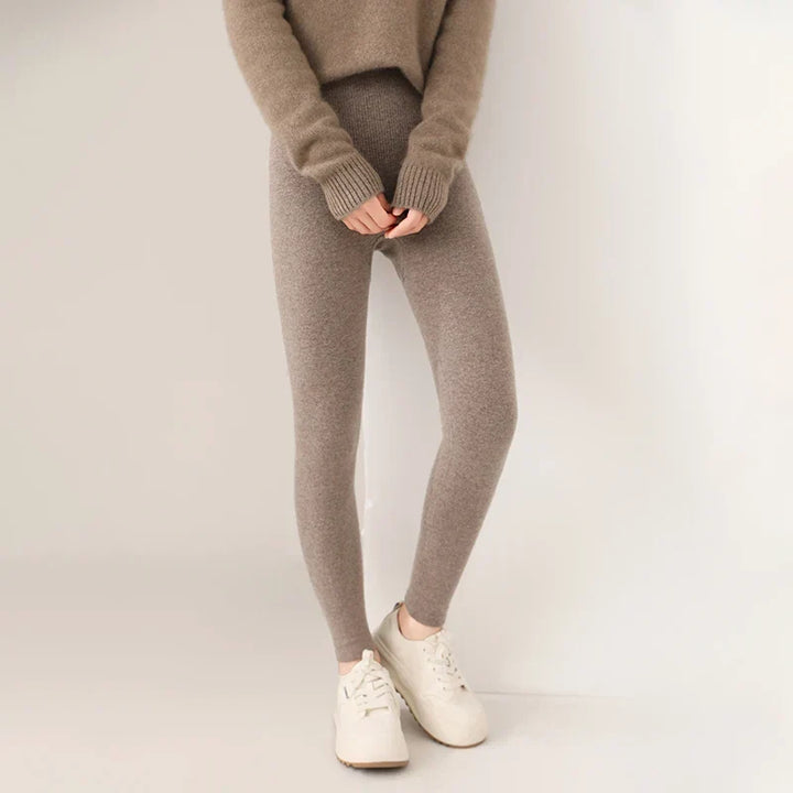 High waist cashmere leggings for women, a soft fine knit essential for cozy autumn style.