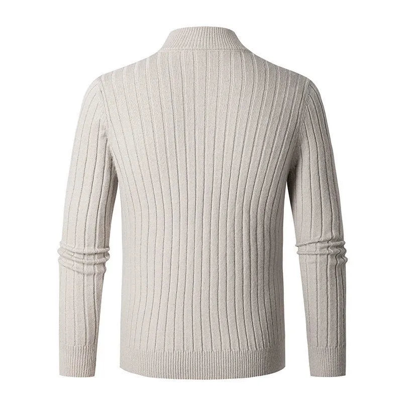 Versatile men's quarter zip sweater, slim fit for layering or casual modern style.