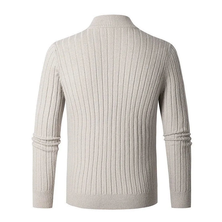 Versatile men's quarter zip sweater, slim fit for layering or casual modern style.