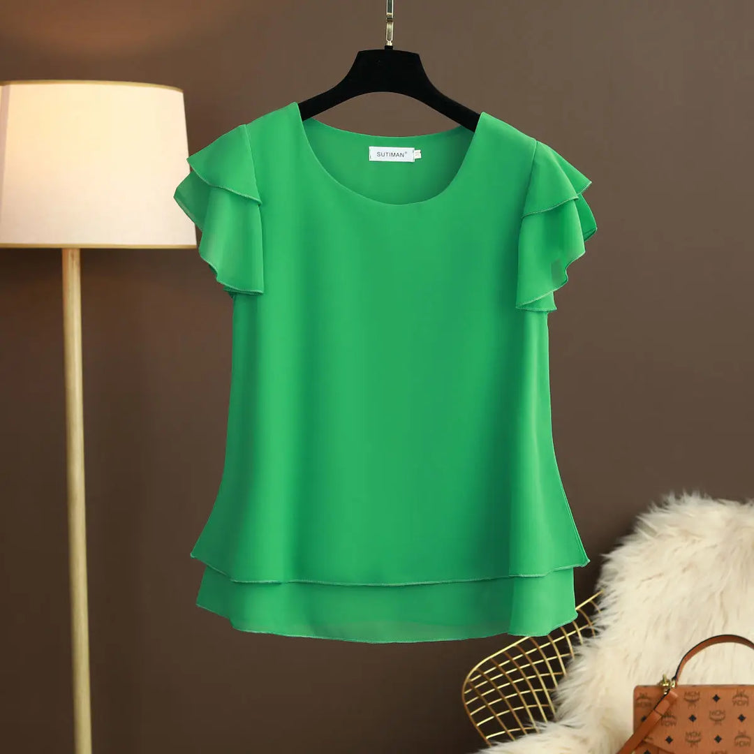 Chic women's short sleeve O-neck top. Elegant, versatile blouse for spring & summer fashion.