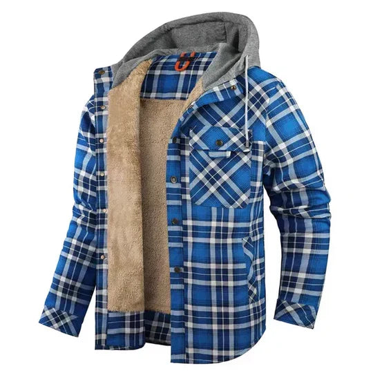 Warm & comfortable men's hooded plaid shirt jacket, ideal casual outerwear for chilly days & layering.