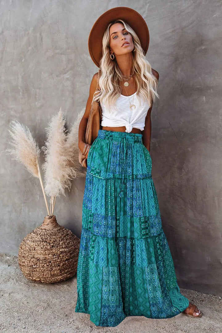 Bohemian high-waisted floral print maxi skirt, A-line cut for women's relaxed elegance.