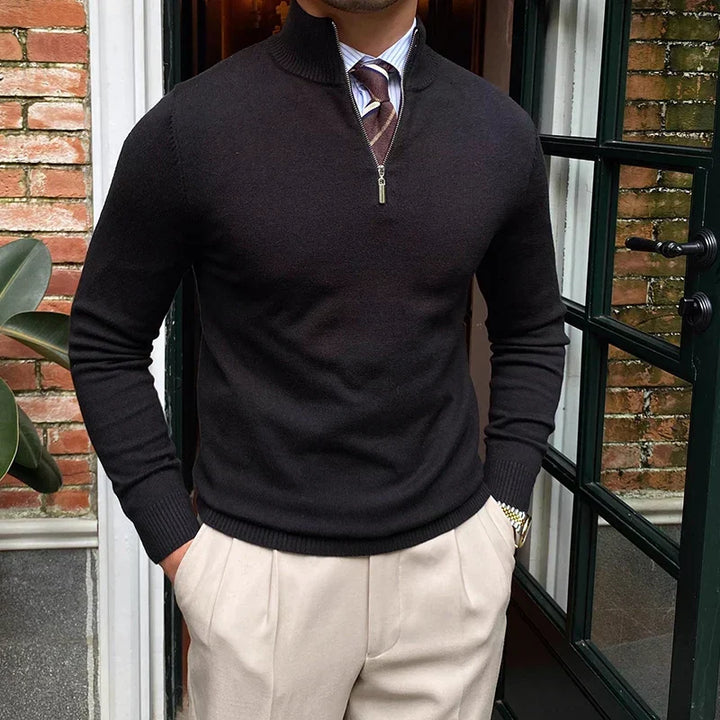Men's tailored fit quarter zip mock neck sweater in a comfortable knit, perfect for smart casual layering.