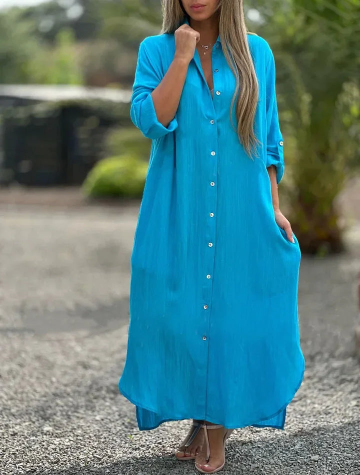 Stylish women's elegant flowy summer maxi dress. A must-have for summer, resort, and vacation wardrobe.
