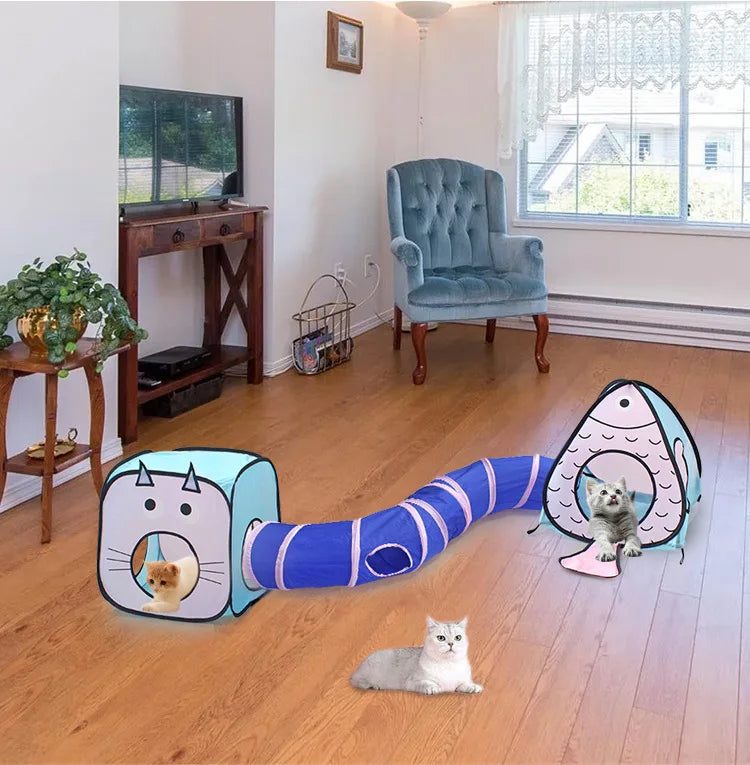 Collapsible Cat Play Tunnel with Integrated Cat House, a versatile cat accessory for interactive fun & exploration.