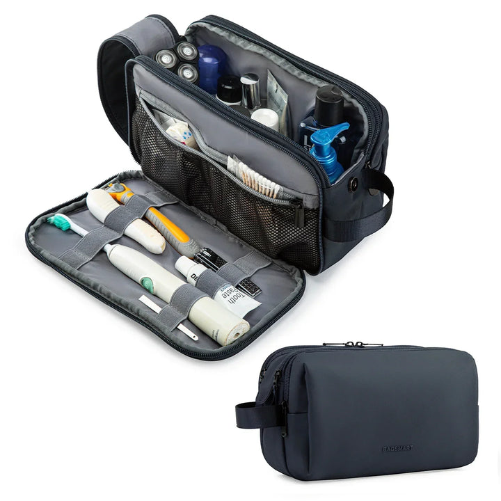 Unisex water-resistant toiletry bag hanging in a bathroom, showcasing multiple compartments for easy access.