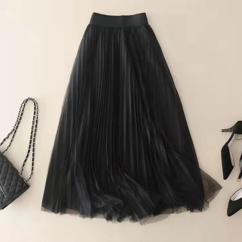 Elegant women's pleated A-line midi skirt with a flattering high-waist design for chic outfits.