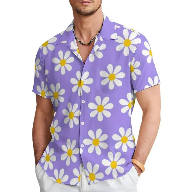Stylish men's short sleeve summer top with a bold floral print, versatile for casual wear, beach, or vacation.