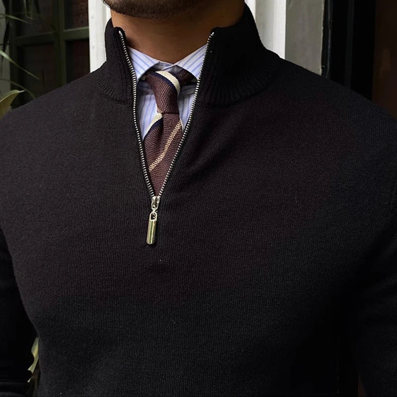 Stylish men's quarter zip mock neck sweater, highlighting the tailored fit and quality knitwear detail.