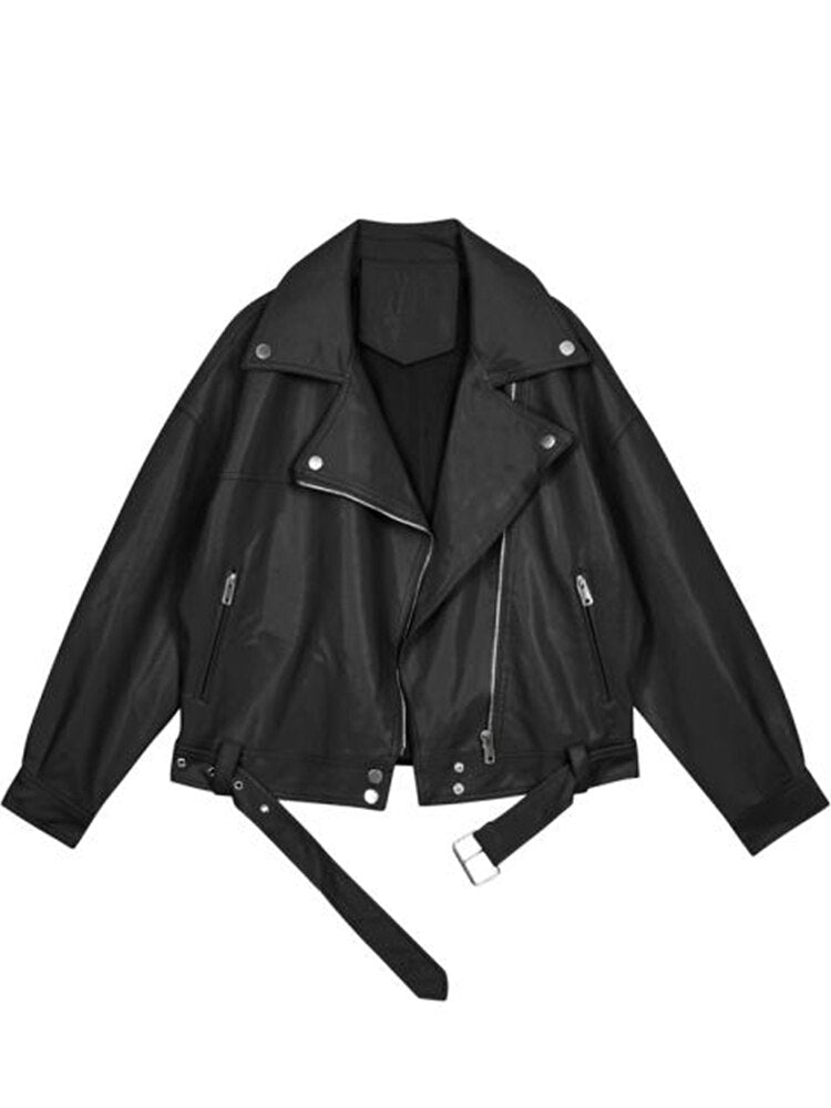 Chic women's oversized beige biker jacket, a stylish moto jacket and versatile statement piece for modern fashion.