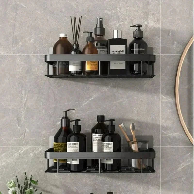 Adhesive corner shower caddy, two-tier, easy no-drill installation for organizing bathroom toiletries.