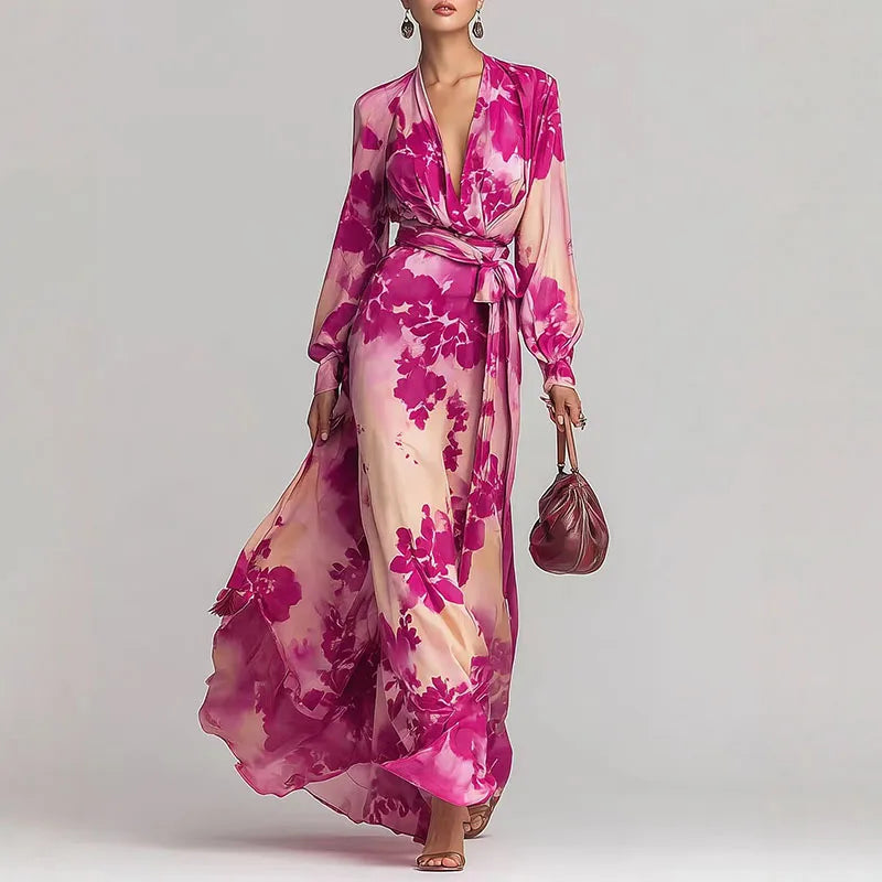 Women's romantic floral wrap maxi dress. Elegant, flowy, perfect for summer occasions & vacations.