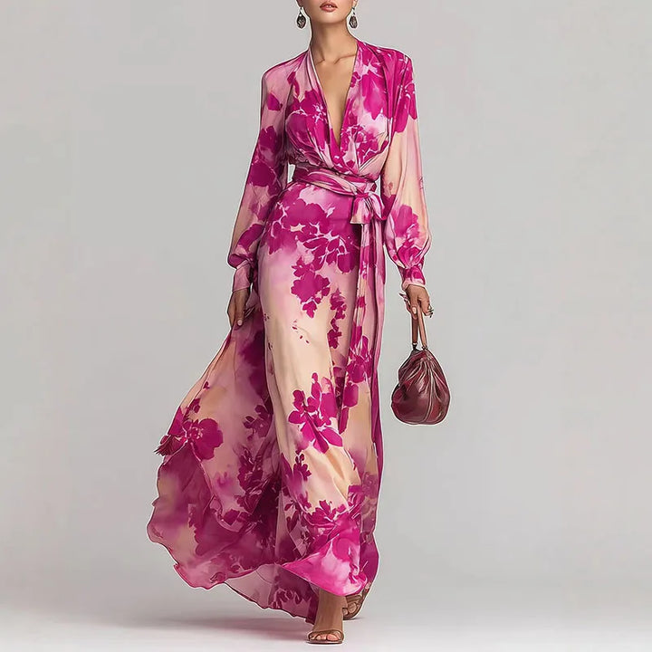 Women's romantic floral wrap maxi dress. Elegant, flowy, perfect for summer occasions & vacations.