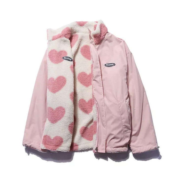 Reversible Heart-Print Coat with Plush Fleece