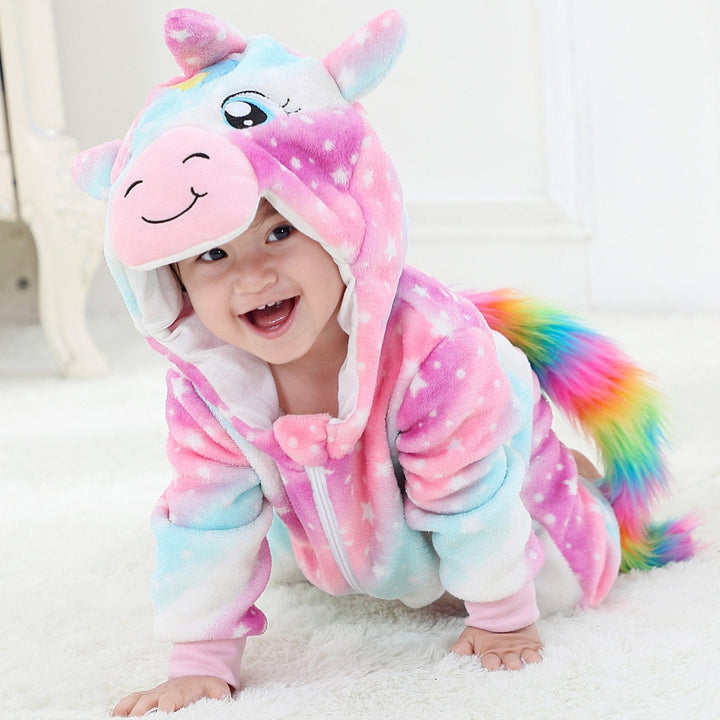 Cozy unicorn animal sleepsuit for children. Soft toddler pajama with hood, perfect for play and sleep.