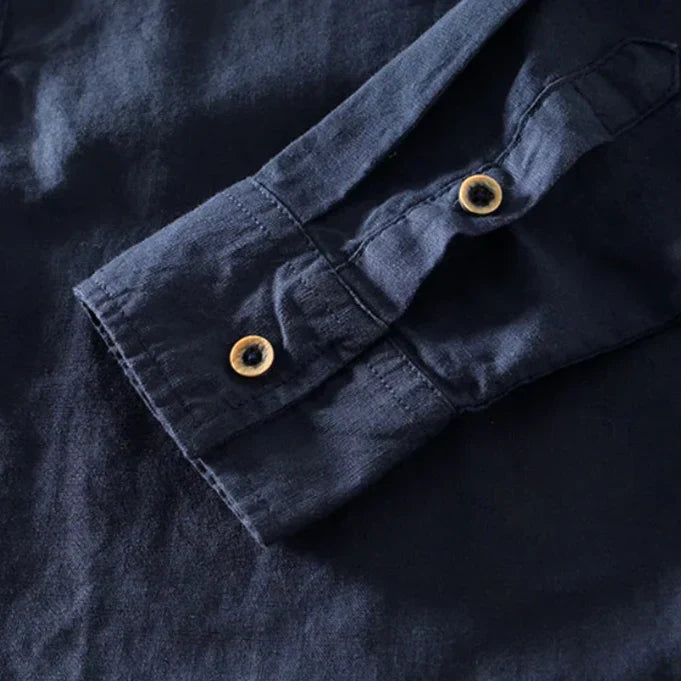 Minimalist men's mandarin collar shirt, a comfortable and versatile cotton linen button-down for everyday fashion.