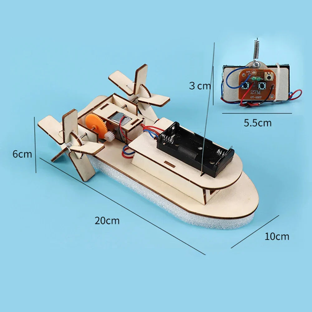 STEM project kit: learn physics by building a wooden electric toy boat for kids' science fun.