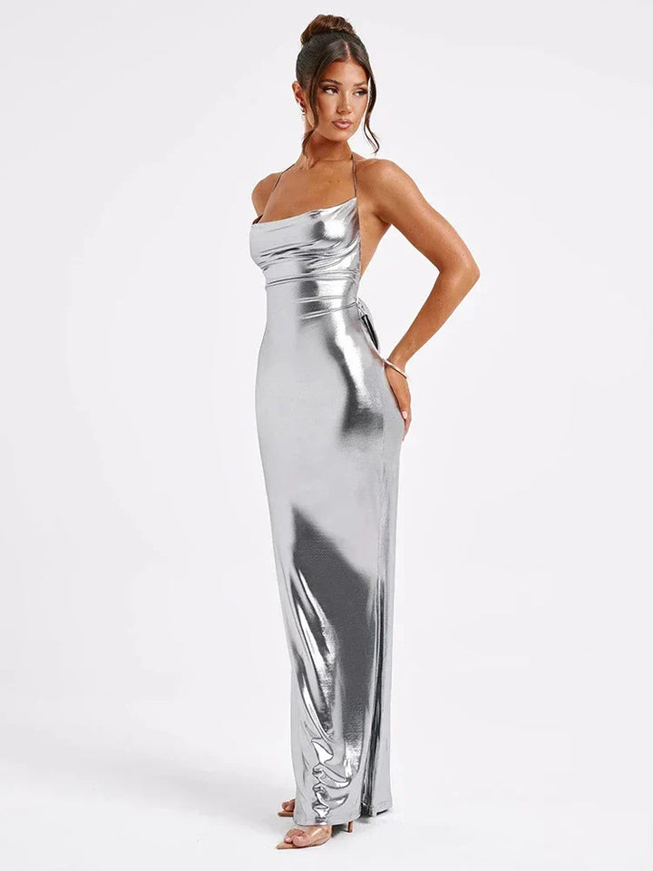 Women's shimmering metallic bodycon maxi dress with spaghetti straps, perfect for evening parties & special occasions.