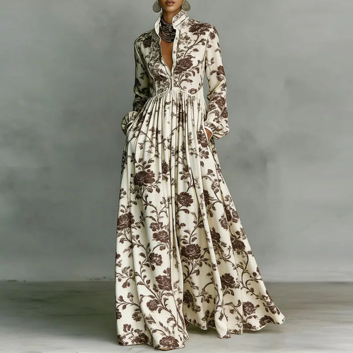 Elegant women's floral print maxi dress featuring a chic button-front design. Modest and stylish.