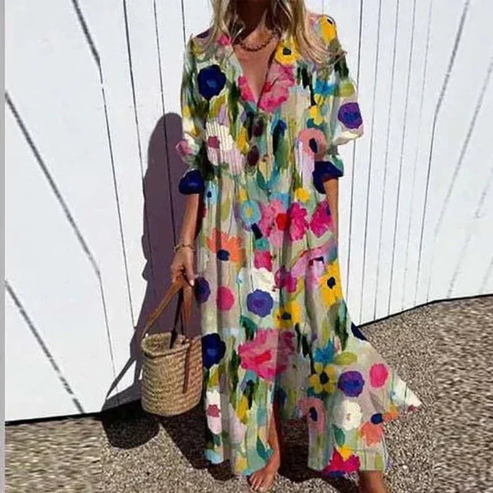 Women's flowy boho maxi dress, elegant V-neck design, perfect for summer casual wear or holiday fashion.