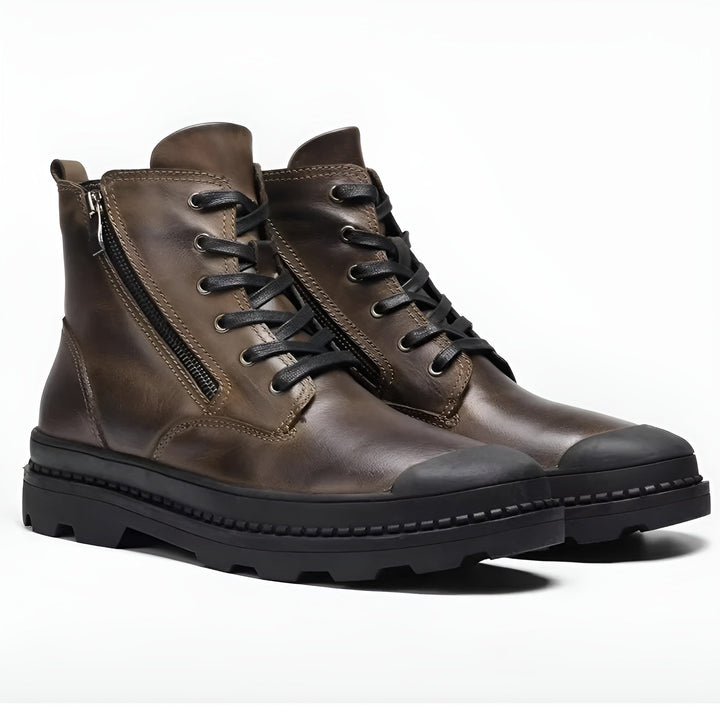 Men's vintage combat boots with lace-up front and practical side zip closure. Durable leather footwear.