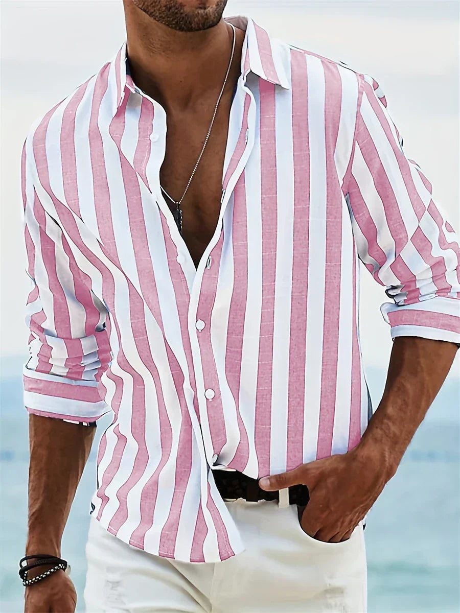 Stylish men's striped button-down shirt for summer, featuring easy care fabric & casual, relaxed fit.
