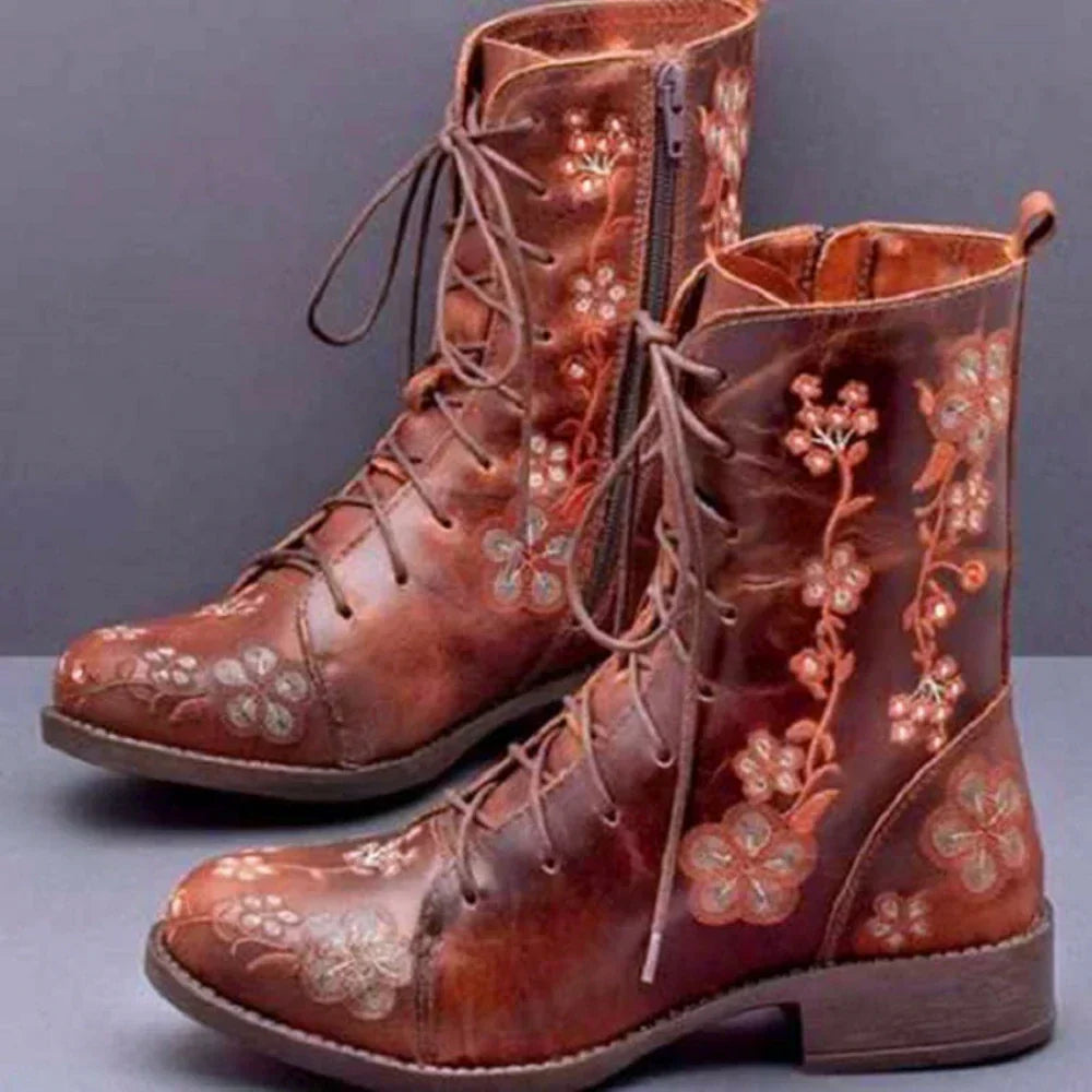 Stylish women's embroidered ankle boots, retro design, pointed toe, non-slip sole, perfect for fall fashion.