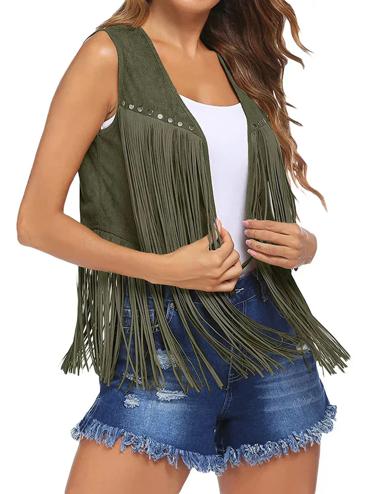Chic women's open front vest, sleeveless, with stylish fringe details, versatile for layering.