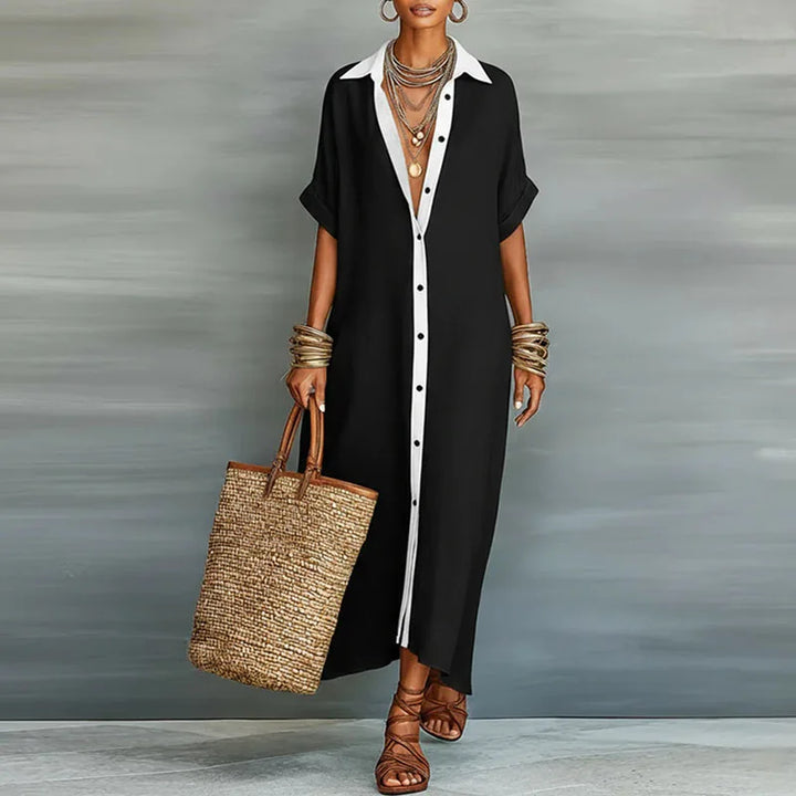 Versatile women's elegant button-down long shirt dress, great for both casual and semi-formal wear.